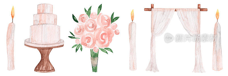 水彩的婚礼。蜡烛，蛋糕，拱门，花束。喜庆的元素。孤立在白色背景。