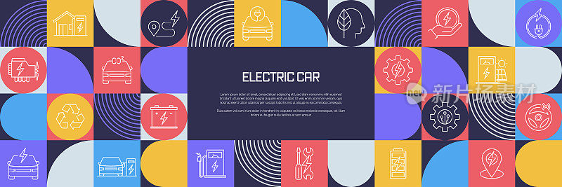 电动汽车相关设计与线条图标。简单的轮廓符号图标。