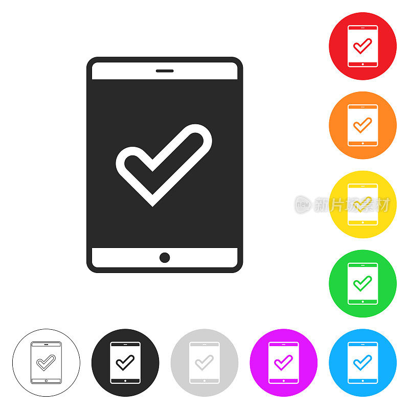 带勾的平板电脑。彩色按钮上的图标