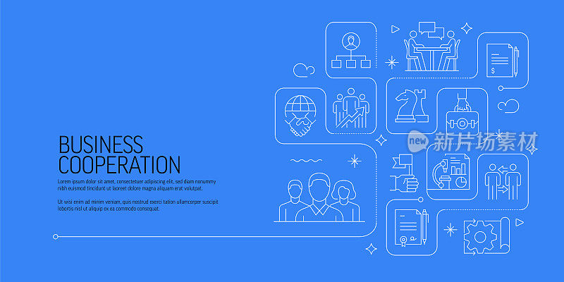 商业合作相关矢量横幅设计概念，现代线条风格与图标