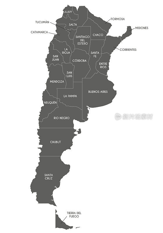 阿根廷的矢量地图与省或联邦州和行政区划。可编辑和明确标记层。