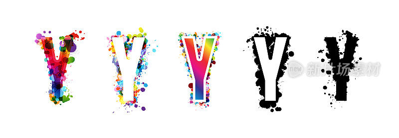 字母Y与彩虹和黑色油漆飞溅装饰元素。彩色的Y字母象征收藏。艺术风格的矢量插图。