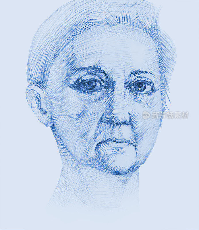 插图铅笔画肖像脸的老妇人在白色的背景