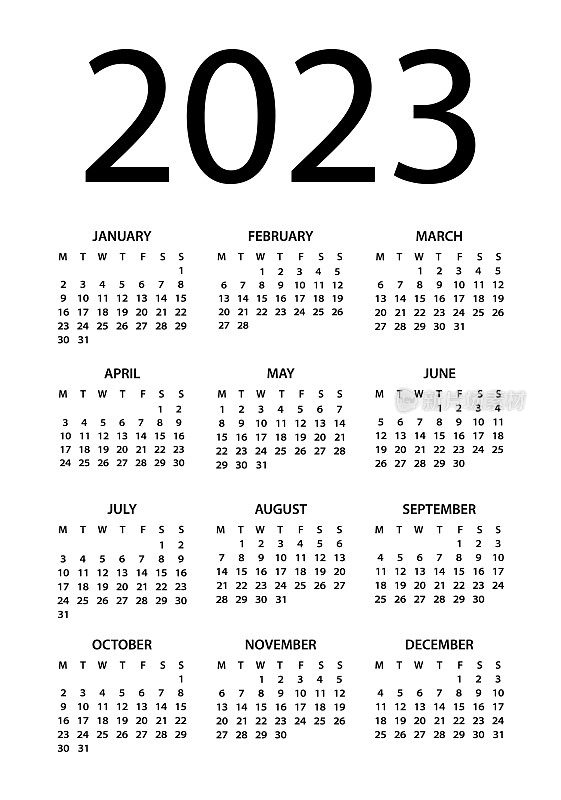 2023年日历-矢量插图。一周从周一开始