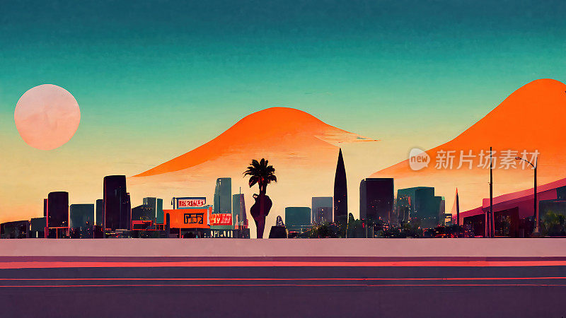 好莱坞的天际线，橙色在夕阳下照亮了城市
