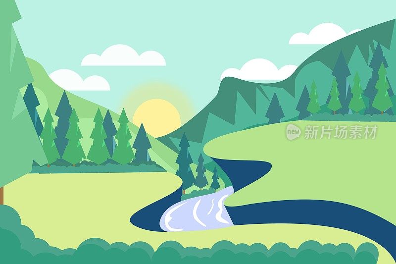 绿色自然景观插画设计，配以山水和郁郁葱葱的树木