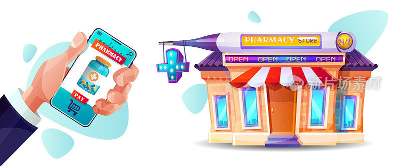 卡通风格的医疗和在线商务概念。在网上购买药品。白色背景下，药房的背景上有一只手拿着手机。