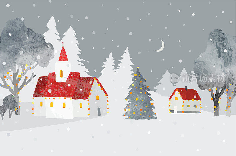 水彩圣诞矢量插画与教堂，舒适的房子，森林，圣诞树下的夜空与月亮和雪。可爱的圣诞贺卡