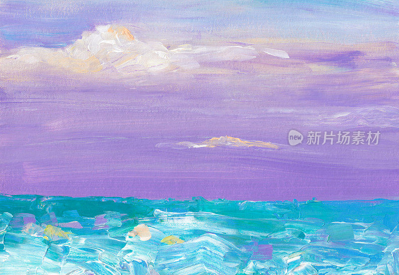 海上山水落日抽象画。亚克力淡紫色和海绿色海景艺术。水上日落现代艺术。