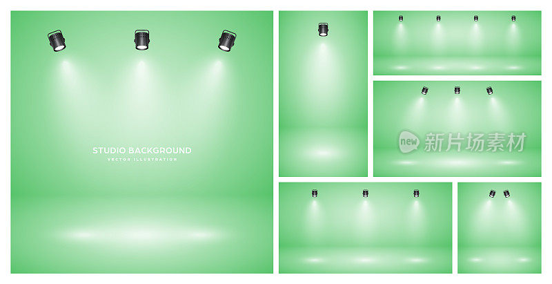 空的绿色工作室抽象背景与聚光灯。产品展示背景与聚光灯效果。舞台灯光。矢量图