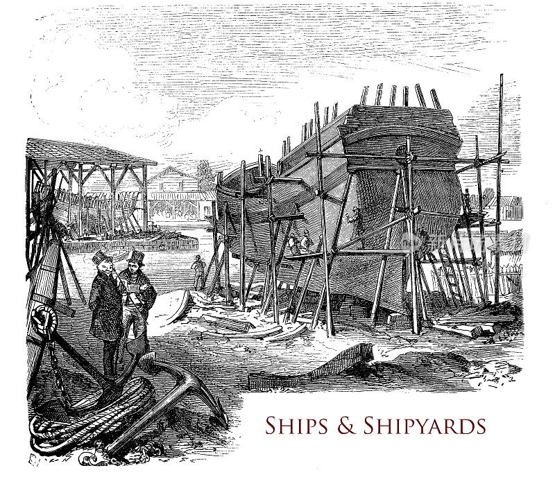 关于船和船坞的一章的排印卷首画，有船坞中的船的建造和工人的小插图