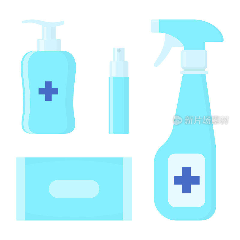 一套各种消毒剂。瓶子，洗涤液，喷雾，湿巾，肥皂液。消毒卫生。平面风格的矢量插图。