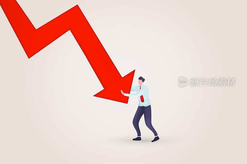 3D破产商人被向下推红色箭头向下。证券市场上破产、失败、衰退、危机和金融损失的象征。