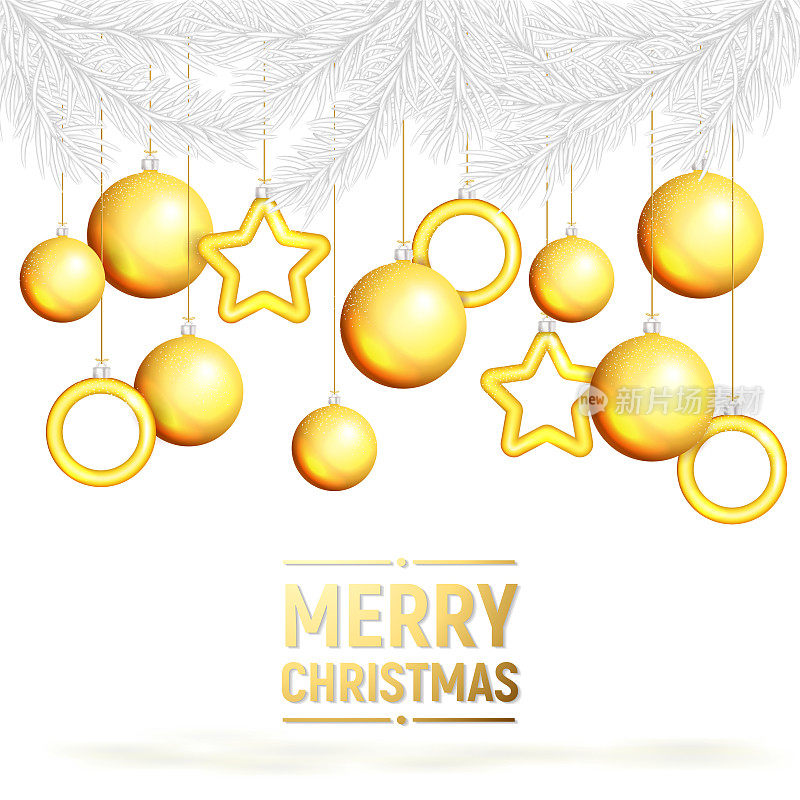 圣诞金球挂在金色丝带上，孤立在白色背景上，现实的新年3d设计。喜庆的圣诞装饰品，挂着小玩意。向量