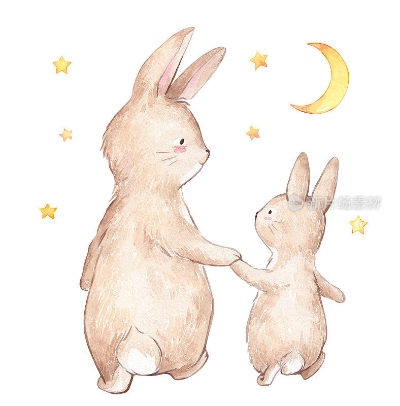 水彩画的爸爸和宝宝兔一起走。卡通兔子。一个米色兔子家庭的后视图。祝您母亲节快乐。星星和月亮在背景，水彩插图。