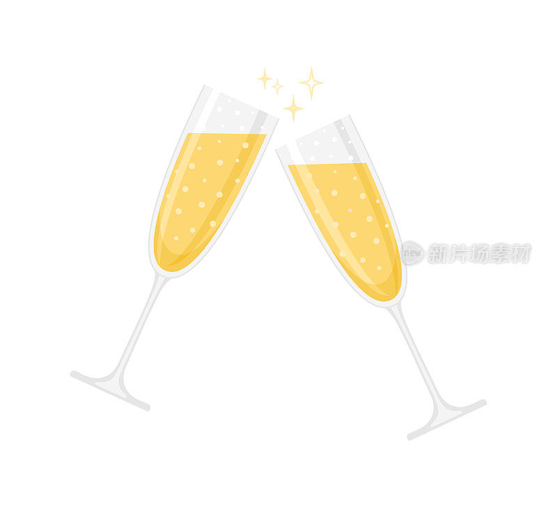 两杯白色背景上的气泡酒或香槟。平面风格的矢量插图