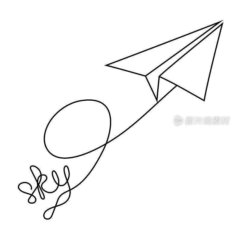 纸飞机连续一条线绘制与天空文字在白色背景。线的艺术。矢量插图。空格用于文本。