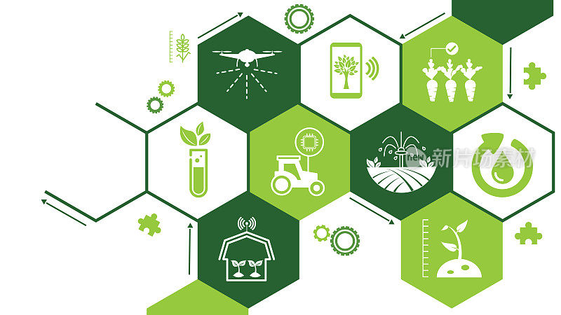 智能农场或农业技术矢量插图。横幅上的图标与智能农业技术、数字物联网耕作方法和农场自动化相关。