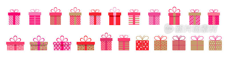 一套带有丝带和蝴蝶结的情人节礼盒。一堆粉红色的礼品盒。用彩带包装。礼品盒以扁平的方式堆叠。节日献上一颗爱心。