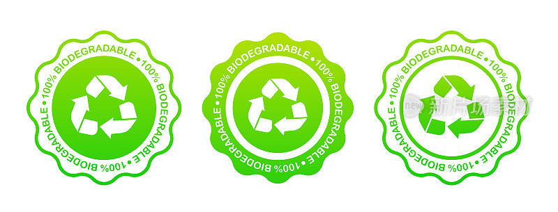 设置标签100%可生物降解100%可堆肥的图标，标志。绿叶围成一圈。圆形的可生物降解符号。天然可回收包装标志。环保产品。矢量图