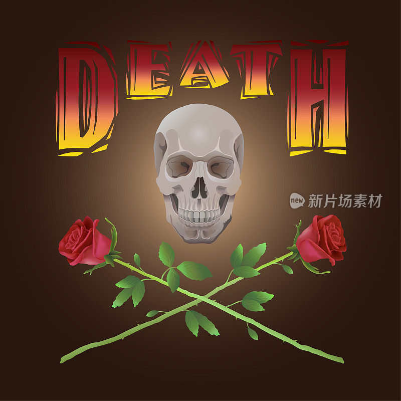 一个骷髅和两朵红玫瑰，深棕色正方形背景上刻有“死亡”字样。黑色幽默和笑话。恐怖、电影和海报。织物印花及
t恤。矢量插图。