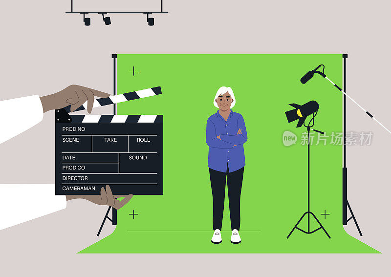 一个白人女性老年角色站在一个电影制片厂的色度键屏幕，视频制作