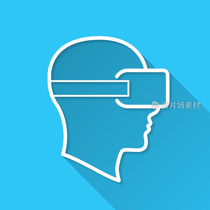 头戴VR虚拟现实头盔。图标在蓝色背景-平面设计与长阴影