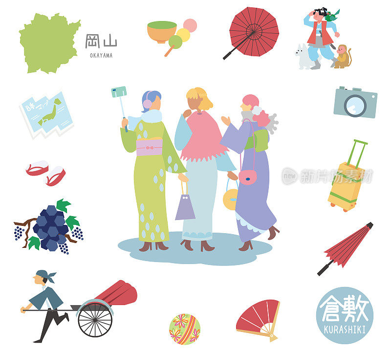 日本冈山仓敷著名景点图标及女性朋友和服(平)