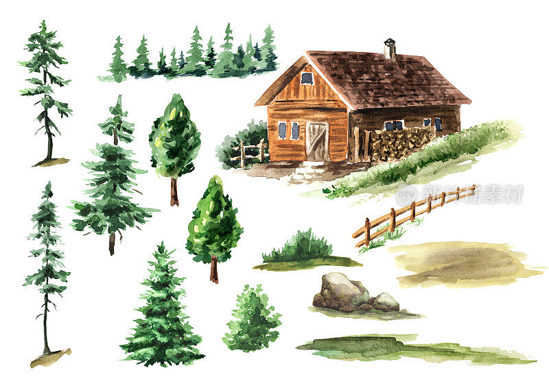 舒适的乡村别墅在森林设置，林地。手绘水彩插图，孤立在白色背景上