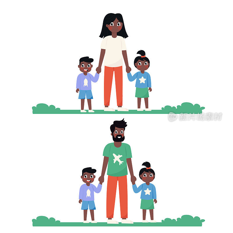 非裔美国人的爸爸妈妈带着他们的孩子以一种扁平的方式散步