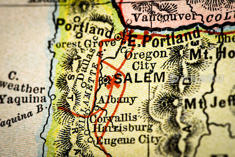 古董地图集地图宏观特写:塞勒姆，俄勒冈州