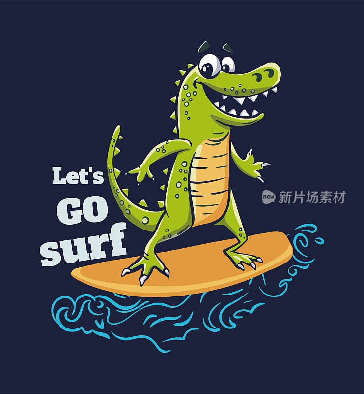 鳄鱼冲浪者凉爽的夏季t恤印花。非洲动物在波浪上骑着冲浪板
