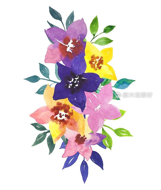 花卉水彩画由鲜艳的花朵组成