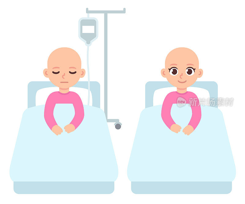 癌症患儿躺在病床上的卡通插画