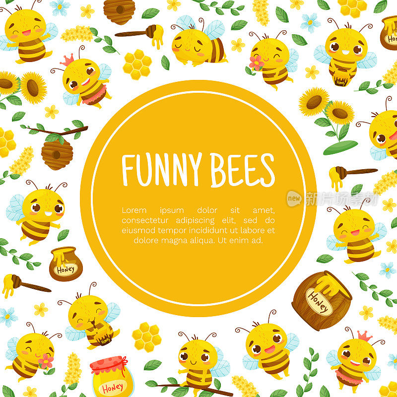 可爱的蜜蜂设计与繁忙的昆虫和天然甜食矢量模板