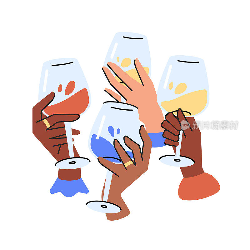 朋友们手捧酒杯，斟上香槟、葡萄酒、鸡尾酒或干杯，为友谊干杯。彩色图形平面矢量插图孤立在白色背景上