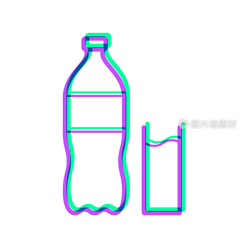 一瓶和一杯苏打水。图标与两种颜色叠加在白色背景上
