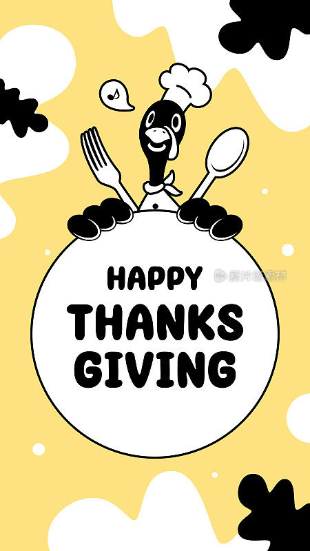 可爱的单色设计，一只火鸡厨师拿着感恩节的问候标志