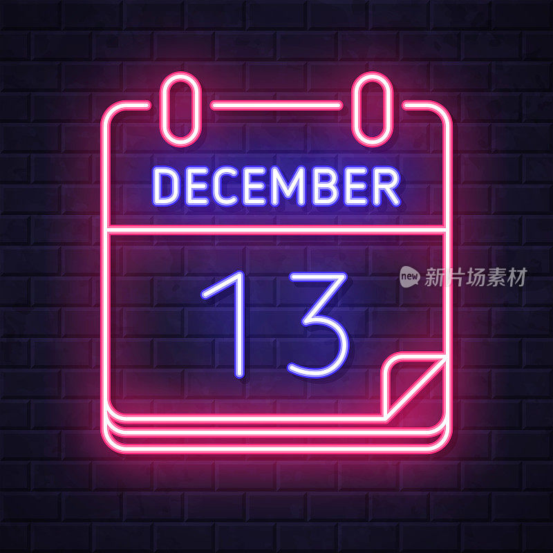 12月13日。在砖墙背景上发光的霓虹灯图标