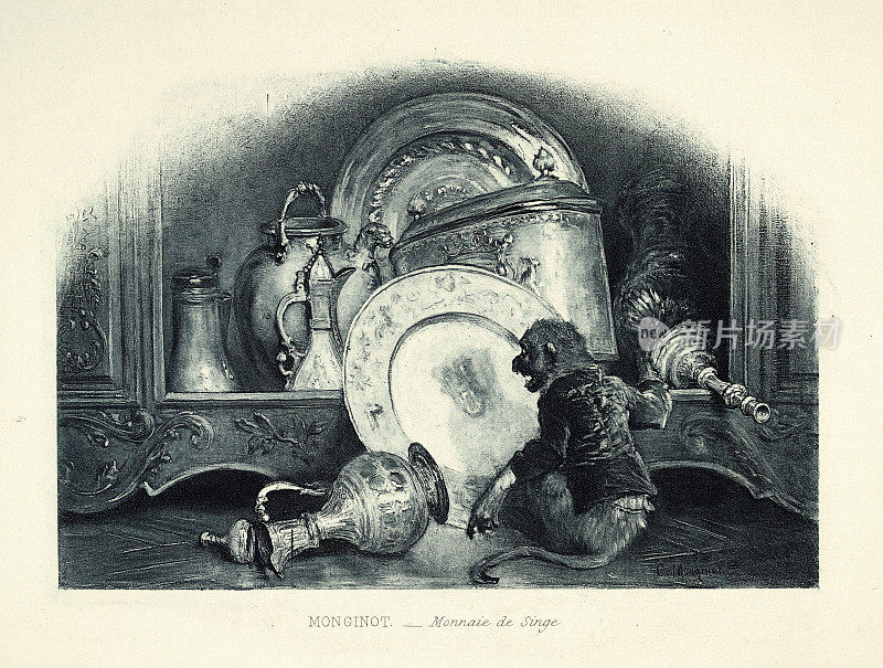 宠物猴子被自己在银器上的倒影吓坏了，查尔斯・蒙吉诺的《猴子硬币》