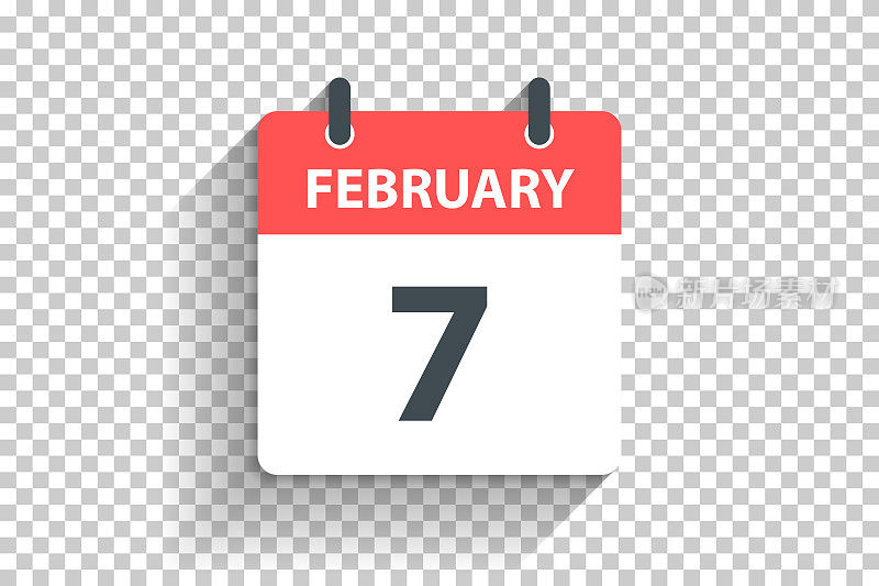 2月7日-每日日历图标在空白背景上的平面设计风格