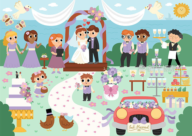 向量婚礼现场。可爱的婚礼插画，新婚夫妇在拱门，登记员，伴娘和新郎，糖果棒，蛋糕。卡通婚礼海景