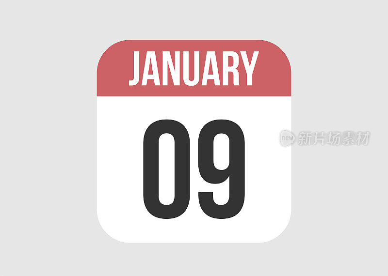 1月9日图标隔离在背景上。用红色表示星期和月份的日期。