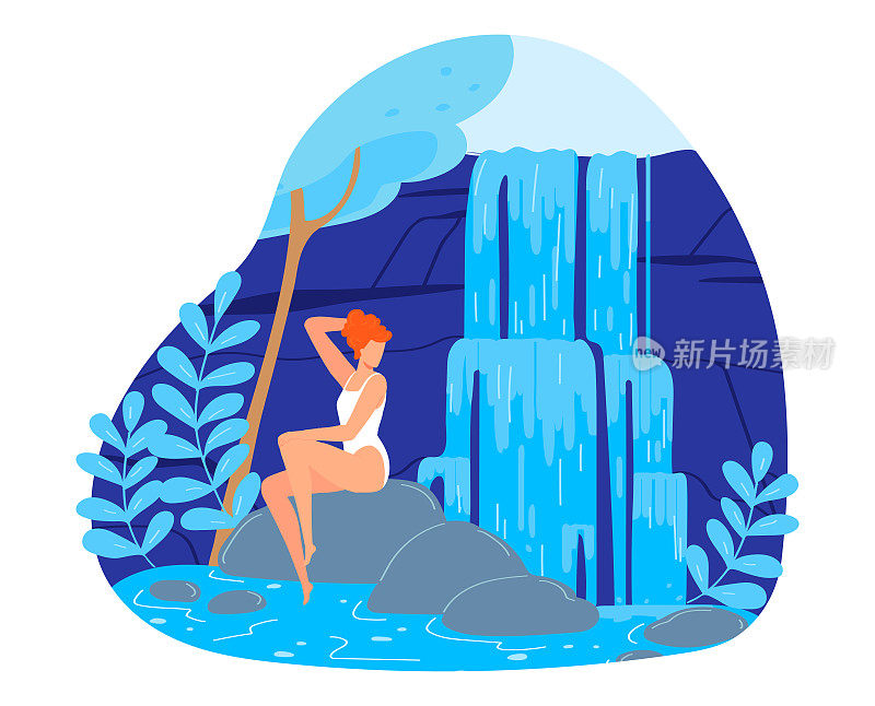 女性人物在自然瀑布，矢量插图。少女在夏日自然山水中，户外以水为设计。