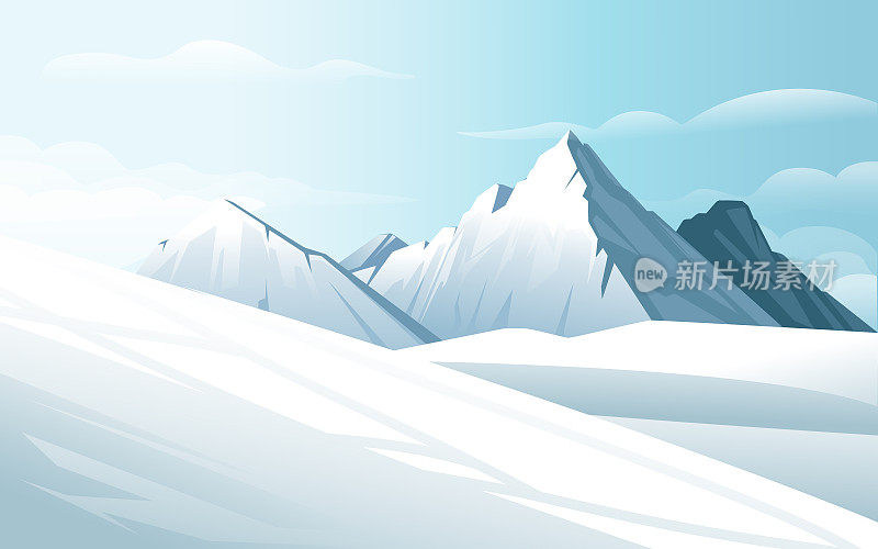 水平冬季山地景观与晴空山覆盖雪矢量插画