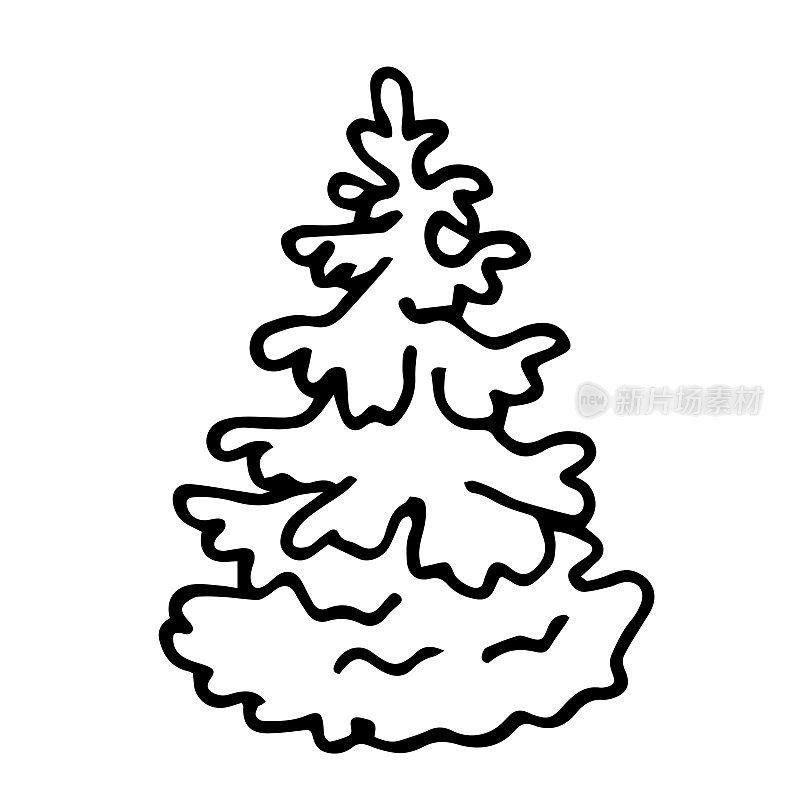 手绘云杉涂鸦风格，圣诞树在白色背景