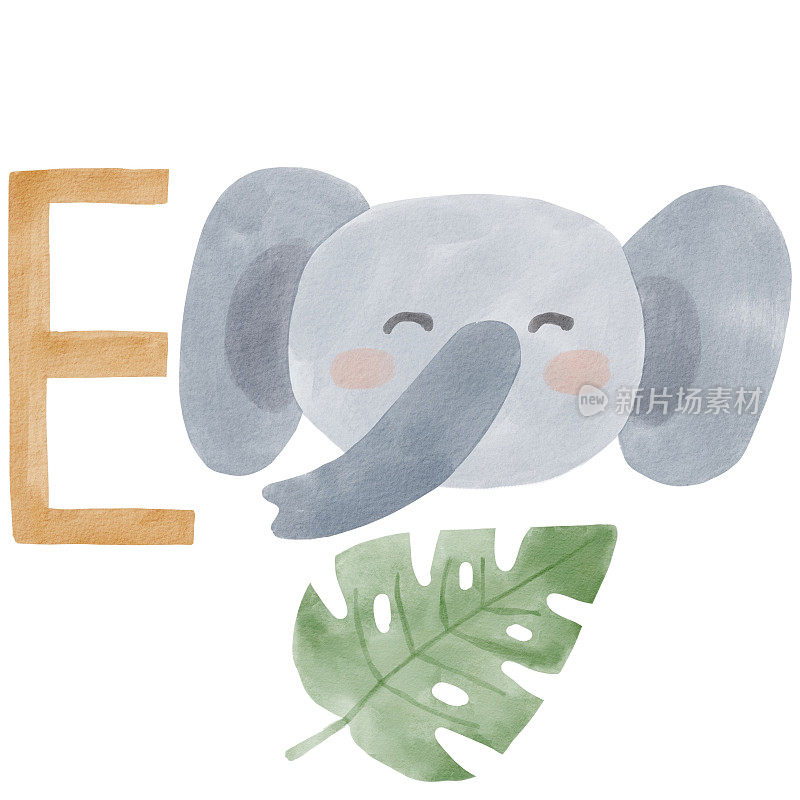 字母E大象狩猎水彩字母。非洲ABC丛林珍奇动物苗圃信。手绘插图孤立的白色背景。