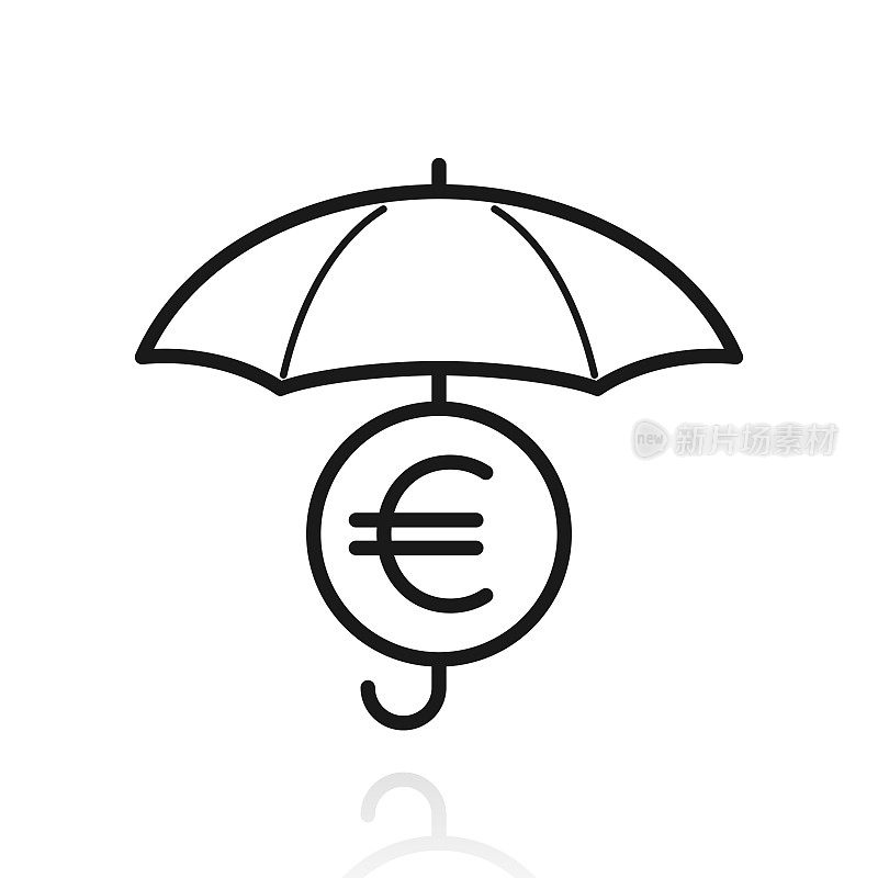 雨伞下的欧元硬币。白色背景上反射的图标