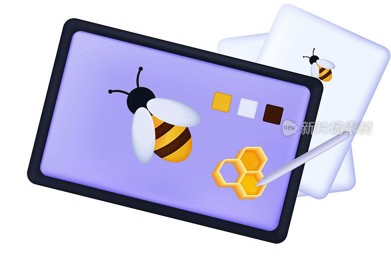 蜜蜂在平板电脑上。教育艺术、数字设计教学。纸上有蜂巢的昆虫，药片。色彩的选择，发展绘画技巧的概念。矢量三维插图