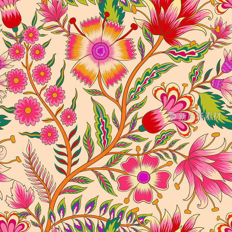 美丽的花浪漫无缝模式在雅各布风格。装饰品的灵感也来自莫卧儿艺术。图案描绘了一束印度纺织风格的梦幻花朵。